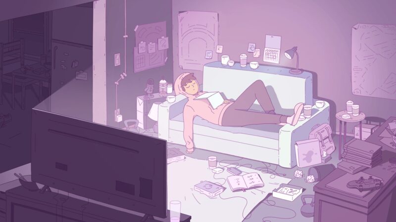 Nasz bohater (mody méczyzna w jasnej bluzie z kapturem i ciemnych spodniach, śpiacy na kanapie przed telewizorem w małym, ciemnym pokoju. Wokół kanapy - papierki po jedzeniu, rozrzucone opakowania, kable do gier. 