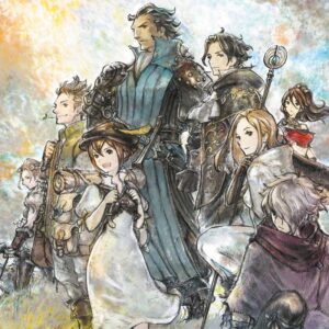 Grafika przedstawia oficjalną ilustrację koncepcyjną z gry Octopath Traveler, ukazującą grupę ośmiu głównych bohaterów na tle malowniczego, akwarelowego nieba. Postacie są ułożone w dynamicznej kompozycji, prezentując różnorodne klasy i stroje, od opancerzonego rycerza Olberica po uśmiechniętą handlarkę Tressę. Styl artystyczny nawiązuje do klasycznego fantasy, charakteryzując się wyraźną kreską, bogatą teksturą oraz stonowaną, ale ciepłą paletą barw. Każdy z protagonistów trzyma charakterystyczny dla siebie atrybut, taki jak łuk, kostur czy miecz, co podkreśla ich unikalne ścieżki fabularne. Obraz idealnie oddaje ducha przygody i podróży, będący motywem przewodnim tej japońskiej produkcji RPG.