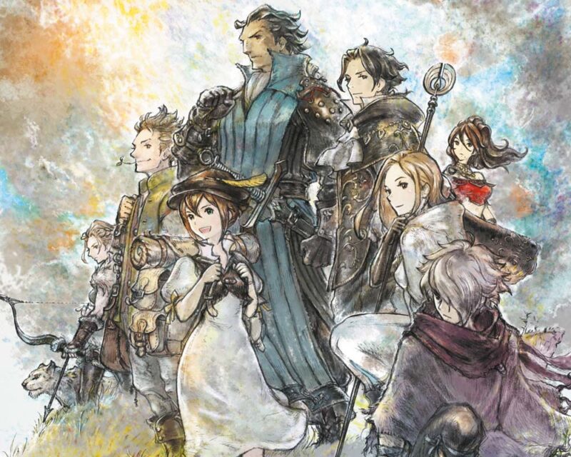 Grafika przedstawia oficjalną ilustrację koncepcyjną z gry Octopath Traveler, ukazującą grupę ośmiu głównych bohaterów na tle malowniczego, akwarelowego nieba. Postacie są ułożone w dynamicznej kompozycji, prezentując różnorodne klasy i stroje, od opancerzonego rycerza Olberica po uśmiechniętą handlarkę Tressę. Styl artystyczny nawiązuje do klasycznego fantasy, charakteryzując się wyraźną kreską, bogatą teksturą oraz stonowaną, ale ciepłą paletą barw. Każdy z protagonistów trzyma charakterystyczny dla siebie atrybut, taki jak łuk, kostur czy miecz, co podkreśla ich unikalne ścieżki fabularne. Obraz idealnie oddaje ducha przygody i podróży, będący motywem przewodnim tej japońskiej produkcji RPG.