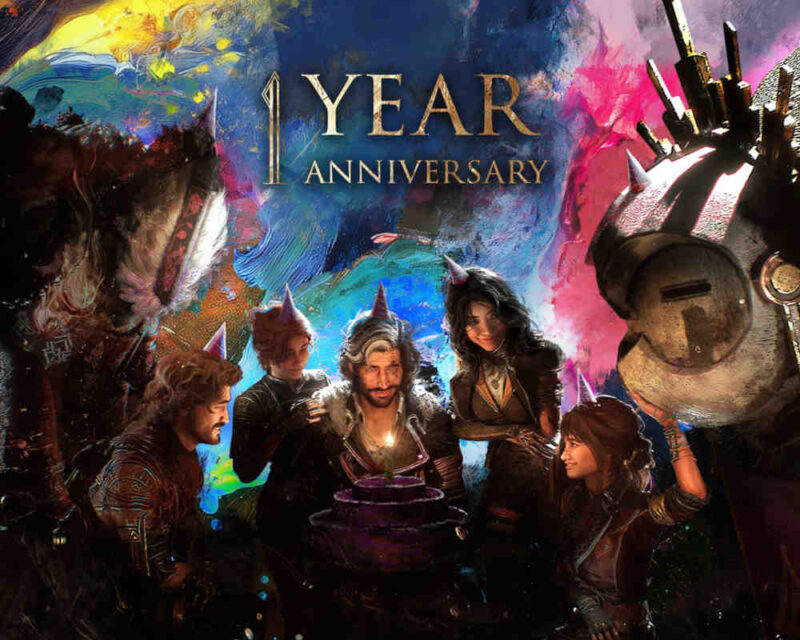 Na obrazku znajdują się kluczowe postaci z gry Clair Obscur: Ezpedition 33. Po lewej stronie widzimy Monoco, w środku znajduje się Gustav, Maelle, Verso, Lune i Sciel, a po prawej Esqie.