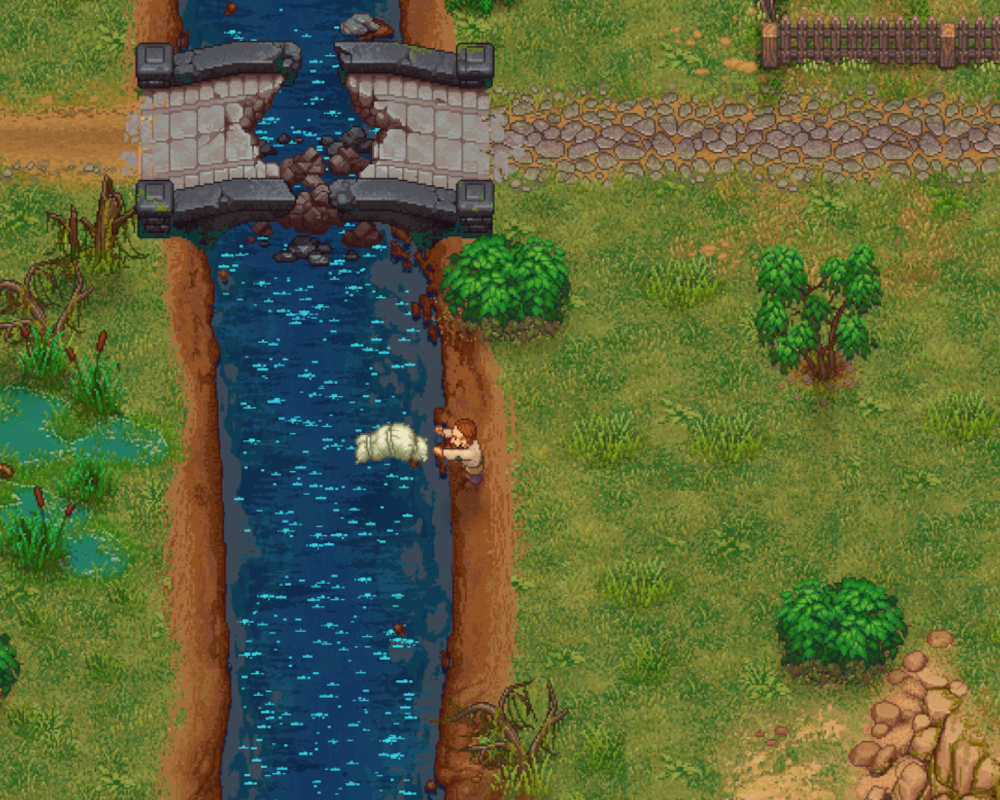 Obrazek przedstawia grę z grafiką pixelartową. Po lewej stronie znajduje się płynąca wertykalnie rzeka. Widać na niej zniszczony most. Obok rzeki stoi postać. Po lewej stronie obrazka jest polana z kilkoma drzewami. Cała sceneria ma dość ciemne kolory i wyblaknięty pigment.