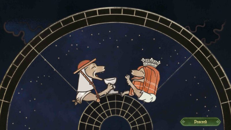 Stylizowana średniowieczna ilustracja dwóch psów ubranych jak szlachta, stojących naprzeciw siebie pod gwiaździstym niebem, z których jeden trzyma kielich.