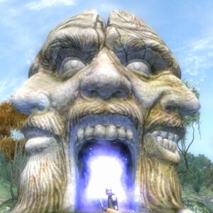 Brama do Shivering Isles z gry Oblivion. Ogromna kamienna rzeźba przedstawiająca trzy połączone twarze z otwartymi ustami tworzącymi świecące, magiczne przejście. Przed portalem stoi mała postać, a wokół widoczny jest zielony krajobraz z drzewami i błękitnym niebem. Scena utrzymana jest w fantastycznym klimacie przygody i magii.