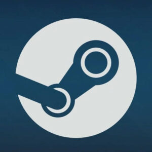 Ten obrazek przedstawia oficjalne logo platformy Steam na ciemnoniebieskim tle. Logo składa się z białego koła z ciemnoniebieskim, stylizowanym symbolem mechanizmu tłokowego wewnątrz. Koło jest przecięte poziomym, białym paskiem w lewym dolnym rogu. Tło jest gładkie i nie ma na nim żadnych innych elementów.