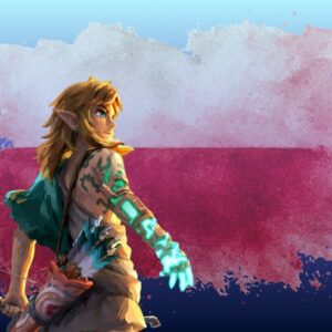 Ilustracja cyfrowa przedstawiająca Linka z gry The Legend of Zelda: Tears of the Kingdom na tle stylizowanej, biało-czerwonej flagi Polski. Link jest widoczny od tyłu, trzyma łuk i kołczan z strzałami, a jego prawe, konstrukcyjne ramię (Zonai arm) świeci intensywną turkusową energią. Tło to wielkoformatowa tekstura malarska przypominająca plamy farby. Ilustracja sugeruje polską wersję językową The Legend of Zelda
