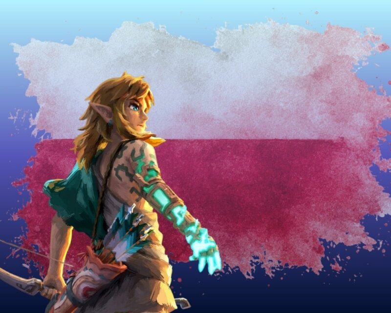 Ilustracja cyfrowa przedstawiająca Linka z gry The Legend of Zelda: Tears of the Kingdom na tle stylizowanej, biało-czerwonej flagi Polski. Link jest widoczny od tyłu, trzyma łuk i kołczan z strzałami, a jego prawe, konstrukcyjne ramię (Zonai arm) świeci intensywną turkusową energią. Tło to wielkoformatowa tekstura malarska przypominająca plamy farby. Ilustracja sugeruje polską wersję językową The Legend of Zelda