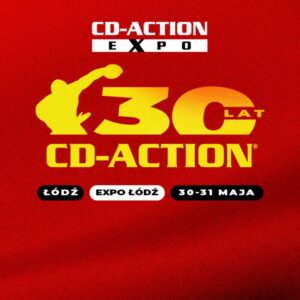 Grafika promująca wydarzenie CD-Action Expo oraz 30-lecie magazynu CD-Action. Na czerwonym tle widnieje duży żółty napis „30 lat CD-Action” z sylwetką osoby grającej na gitarze. Powyżej znajduje się logo „CD-Action Expo”, a poniżej informacje o miejscu i dacie wydarzenia: Łódź, Expo Łódź, 30–31 maja.