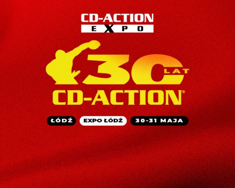 Grafika promująca wydarzenie CD-Action Expo oraz 30-lecie magazynu CD-Action. Na czerwonym tle widnieje duży żółty napis „30 lat CD-Action” z sylwetką osoby grającej na gitarze. Powyżej znajduje się logo „CD-Action Expo”, a poniżej informacje o miejscu i dacie wydarzenia: Łódź, Expo Łódź, 30–31 maja.