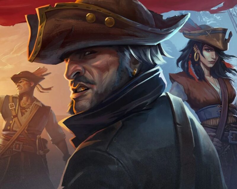 Ilustracja przedstawia trójkę piratów na tle morskiego krajobrazu o zachodzie słońca. Na pierwszym planie znajduje się brodaty mężczyzna w dużym, trójgraniastym kapeluszu, z widoczną złotą kolczykiem i surowym, zdeterminowanym wyrazem twarzy. Ubrany jest w ciemny płaszcz i szalik osłaniający szyję. W tle po lewej stoi inny pirat z pistoletem przy pasie, patrzący w dal. Po prawej stronie widoczna jest kobieta-piratka w kapeluszu, z długimi ciemnymi włosami i ozdobnymi kolczykami, ubrana w stylowy strój z gorsetem. Całość utrzymana jest w malarskim, lekko dramatycznym stylu, z kontrastem ciepłych i chłodnych barw