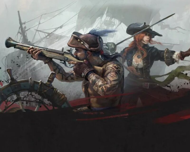 Dynamiczna ilustracja przedstawiająca scenę bitwy na pokładzie żaglowca. Na pierwszym planie umięśniony mężczyzna w pirackim stroju celuje z długiej broni palnej, stojąc przy kole sterowym. Za nim rudowłosa kobieta w kapeluszu i rozpiętej koszuli wykonuje zamach szpadą. W tle widać maszty, liny i rozmyte sylwetki statków w dymie i chaosie walki. Kolorystyka jest przygaszona, z akcentami czerwieni podkreślającymi dramatyzm sceny