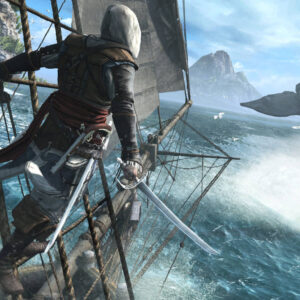 Dynamiczna grafika przedstawia Edwarda Kenwaya, protagonistę gry Assassin’s Creed IV: Black Flag, stojącego na olinowaniu masztu statku podczas rejsu po wzburzonym, błękitnym oceanie. Asasyn, ubrany w charakterystyczny skórzany strój z białą kapuzą i czerwoną szarfą, trzyma w dłoniach dwa zakrzywione kordelasy, a u jego pasa widać pistolety skałkowe. Postać skierowana jest tyłem do widza i spogląda w stronę horyzontu, gdzie z wody wynurza się potężny ogon wieloryba, wzbijający białą pianę i wysokie fale. Scena emanuje przygodowym klimatem, podkreślonym przez obecność tropikalnych wysp w oddali, latające mewy oraz jasne, lekko zachmurzone niebo, co idealnie oddaje atmosferę pirackich wypraw na Karaibach.
