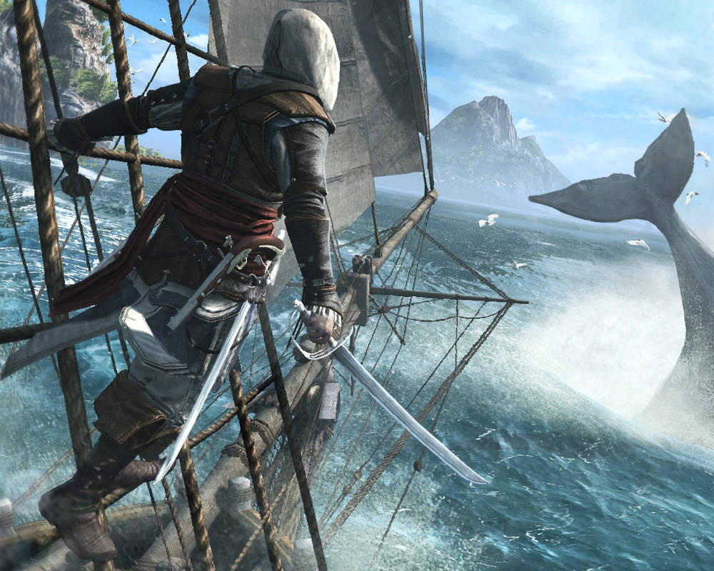 Dynamiczna grafika przedstawia Edwarda Kenwaya, protagonistę gry Assassin’s Creed IV: Black Flag, stojącego na olinowaniu masztu statku podczas rejsu po wzburzonym, błękitnym oceanie. Asasyn, ubrany w charakterystyczny skórzany strój z białą kapuzą i czerwoną szarfą, trzyma w dłoniach dwa zakrzywione kordelasy, a u jego pasa widać pistolety skałkowe. Postać skierowana jest tyłem do widza i spogląda w stronę horyzontu, gdzie z wody wynurza się potężny ogon wieloryba, wzbijający białą pianę i wysokie fale. Scena emanuje przygodowym klimatem, podkreślonym przez obecność tropikalnych wysp w oddali, latające mewy oraz jasne, lekko zachmurzone niebo, co idealnie oddaje atmosferę pirackich wypraw na Karaibach.