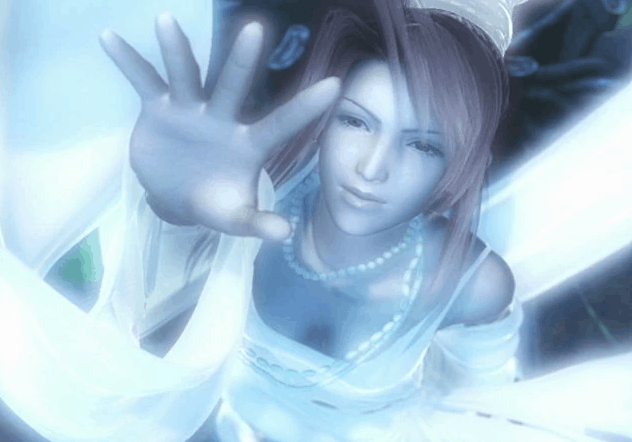 Lucrecia Crescent ff7 Grafika komputerowa przedstawiająca postać Lucrecii Crescent z gry Final Fantasy VII. Kobieta o delikatnych rysach twarzy i długich, jasnych włosach jest ukazana od pasa w górę, skąpana w jasnoniebieskiej, eterycznej poświacie. Wyciąga prawą dłoń do przodu w kierunku widza, jakby dotykała niewidzialnej szyby lub bariery. Ma na sobie białą suknię oraz naszyjnik z koralików.