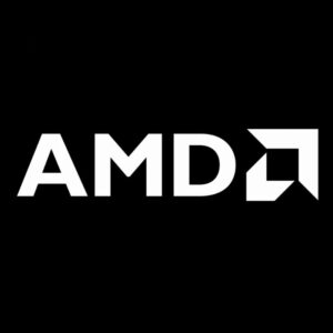 Białe logo AMD w nowoczesnym stylu, znajdujące się na czarnym tle.