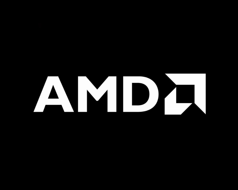 Białe logo AMD w nowoczesnym stylu, znajdujące się na czarnym tle.