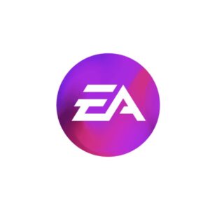 Logo Electronic Arts w okrągłej fioletowo-różowej ikonie na jasnym tle. W środku biały napis "EA" stylizowany w nowoczesnym designie gamingowym.