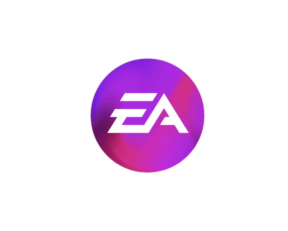Logo Electronic Arts w okrągłej fioletowo-różowej ikonie na jasnym tle. W środku biały napis "EA" stylizowany w nowoczesnym designie gamingowym.