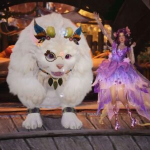 Nikki w fioletowej, fantastycznej sukni stoi obok dużego, białego behemota ozdobionego kolorowymi detalami; oboje znajdują się w ciepło oświetlonym, magicznym otoczeniu.