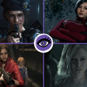 Na grafice widać kolaż przedstawiający cztery bohaterki z serii Resident Evil. W lewym górnym rogu znajduje się Jill Valentine w granatowym berecie, celująca z pistoletu. W prawym górnym rogu pokazano Adę Wong ubraną w czerwony golf, z założonymi rękami. W lewym dolnym rogu widoczna jest Claire Redfield w czerwonej kurtce, trzymająca broń, za którą stoi mała dziewczynka o imieniu Sherry z blond włosami. W prawym dolnym rogu znajduje się Grace Ashcroft o krótkich, jasnych blond włosach i ciemnej kurtce. Pośrodku grafiki znajduje się fioletowe logo z symbolem oka.