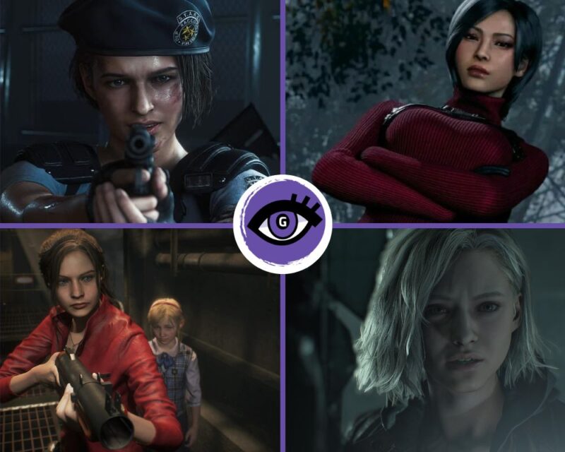 Na grafice widać kolaż przedstawiający cztery bohaterki z serii Resident Evil. W lewym górnym rogu znajduje się Jill Valentine w granatowym berecie, celująca z pistoletu. W prawym górnym rogu pokazano Adę Wong ubraną w czerwony golf, z założonymi rękami. W lewym dolnym rogu widoczna jest Claire Redfield w czerwonej kurtce, trzymająca broń, za którą stoi mała dziewczynka o imieniu Sherry z blond włosami. W prawym dolnym rogu znajduje się Grace Ashcroft o krótkich, jasnych blond włosach i ciemnej kurtce. Pośrodku grafiki znajduje się fioletowe logo z symbolem oka.
