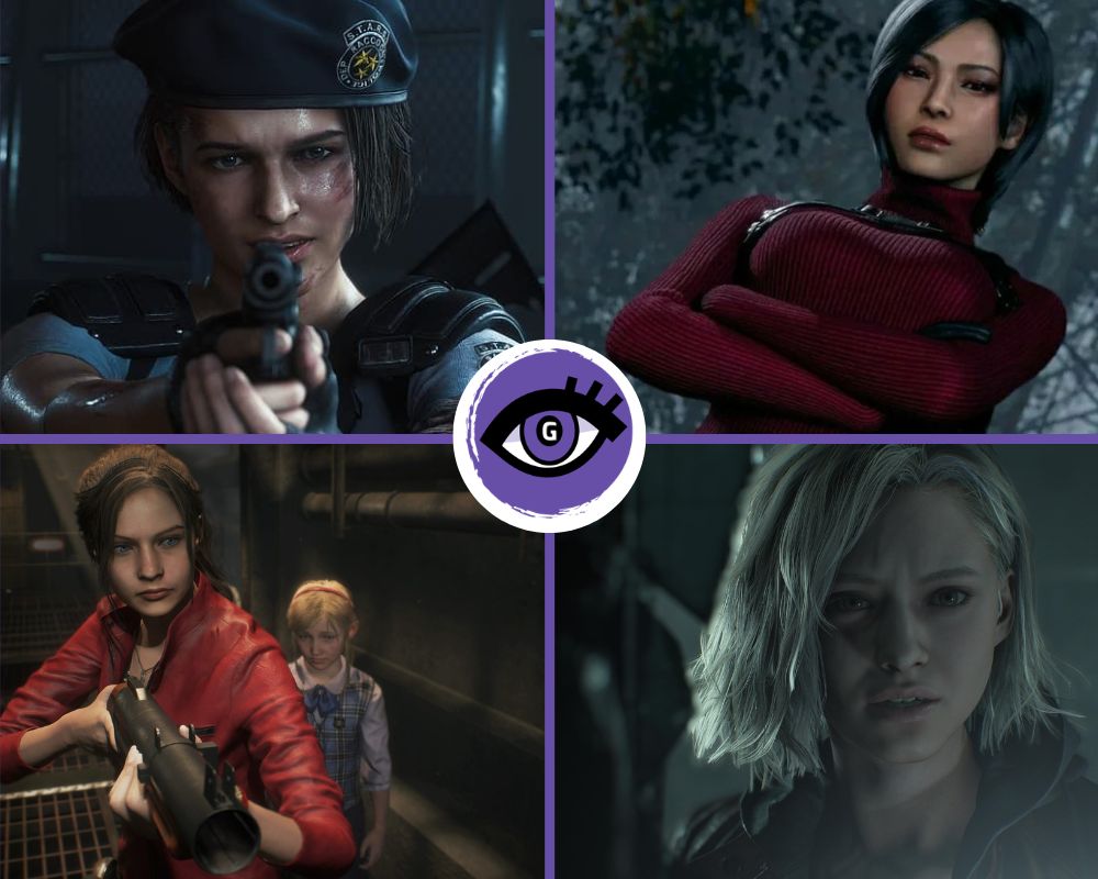Na grafice widać kolaż przedstawiający cztery bohaterki z serii Resident Evil. W lewym górnym rogu znajduje się Jill Valentine w granatowym berecie, celująca z pistoletu. W prawym górnym rogu pokazano Adę Wong ubraną w czerwony golf, z założonymi rękami. W lewym dolnym rogu widoczna jest Claire Redfield w czerwonej kurtce, trzymająca broń, za którą stoi mała dziewczynka o imieniu Sherry z blond włosami. W prawym dolnym rogu znajduje się Grace Ashcroft o krótkich, jasnych blond włosach i ciemnej kurtce. Pośrodku grafiki znajduje się fioletowe logo z symbolem oka.