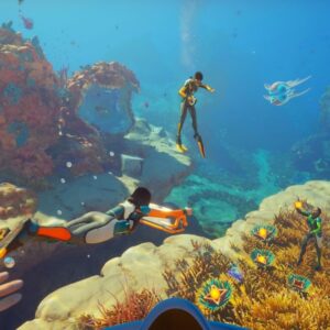 Grafika z Subnautica 2 przedstawiająca grupę nurków eksplorujących kolorowe głębiny oceanu obcej planety, pełne raf koralowych, skalnych formacji i tajemniczych morskich stworzeń.