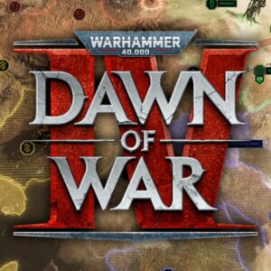 Oficjalna grafika Warhammera 40K: Dawn of War IV ukazuje logo gry osadzone na mapie kampanii strategicznej. Widoczne są strefy kontroli różnych frakcji, futurystyczne jednostki oraz klimat mrocznego uniwersum Warhammera 40K.