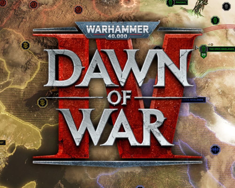 Oficjalna grafika Warhammera 40K: Dawn of War IV ukazuje logo gry osadzone na mapie kampanii strategicznej. Widoczne są strefy kontroli różnych frakcji, futurystyczne jednostki oraz klimat mrocznego uniwersum Warhammera 40K.