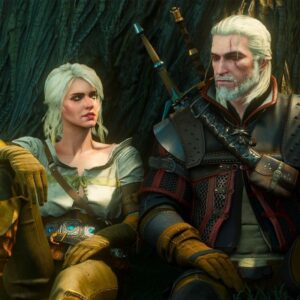 Na obrazku znajdują się Geralt i Ciri z The Wiedźmin 3: Dziki Gon. Oboje siedzą oparci o drzewo podczas chwili odpoczynku. Geralt ma na sobie charakterystyczną wiedźmińską zbroję w ciemnych kolorach, skórzane rękawice i dwa miecze przewieszone przez plecy. Jego twarz jest poważna, a wzrok skierowany w bok. Ciri siedzi tuż obok w jasnej koszuli i wysokich skórzanych butach, lekko zwrócona w stronę Geralta.