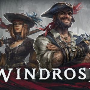 Obraz promujący grę Windrose. Przedstawia dwoje piratów – kobietę oraz mężczyznę. Mężczyzna ma brodę i kapelusz z piórkiem. Trzyma pistolet. Kobieta ubrana jest w elegancki strój w pirackim stylu. Trzyma muszkiet na ramieniu. Obraz zachowany jest w malarskim, dynamicznym stylu. Na dole widnieje biały napis „Windrose”.