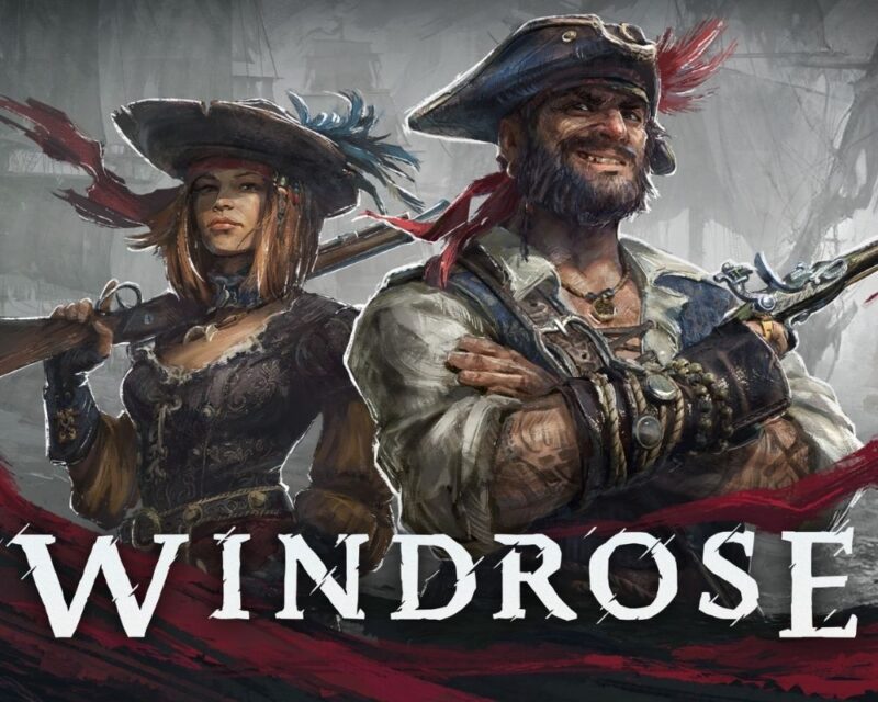 Obraz promujący grę Windrose. Przedstawia dwoje piratów – kobietę oraz mężczyznę. Mężczyzna ma brodę i kapelusz z piórkiem. Trzyma pistolet. Kobieta ubrana jest w elegancki strój w pirackim stylu. Trzyma muszkiet na ramieniu. Obraz zachowany jest w malarskim, dynamicznym stylu. Na dole widnieje biały napis „Windrose”.