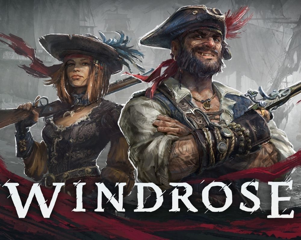 Obraz promujący grę Windrose. Przedstawia dwoje piratów – kobietę oraz mężczyznę. Mężczyzna ma brodę i kapelusz z piórkiem. Trzyma pistolet. Kobieta ubrana jest w elegancki strój w pirackim stylu. Trzyma muszkiet na ramieniu. Obraz zachowany jest w malarskim, dynamicznym stylu. Na dole widnieje biały napis „Windrose”.