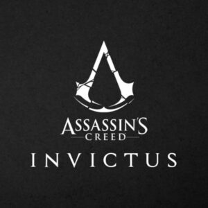Logo Assassin’s Creed Invictus na czarnym, lekko teksturowanym tle. W centralnej części znajduje się biały symbol Bractwa Asasynów o ostrych, minimalistycznych kształtach z widocznymi pęknięciami i uszkodzeniami. Pod logo umieszczono napis ‘ASSASSIN’S CREED’ cienką, elegancką czcionką, a niżej większy napis ‘INVICTUS’ z szeroko rozstawionymi literami.