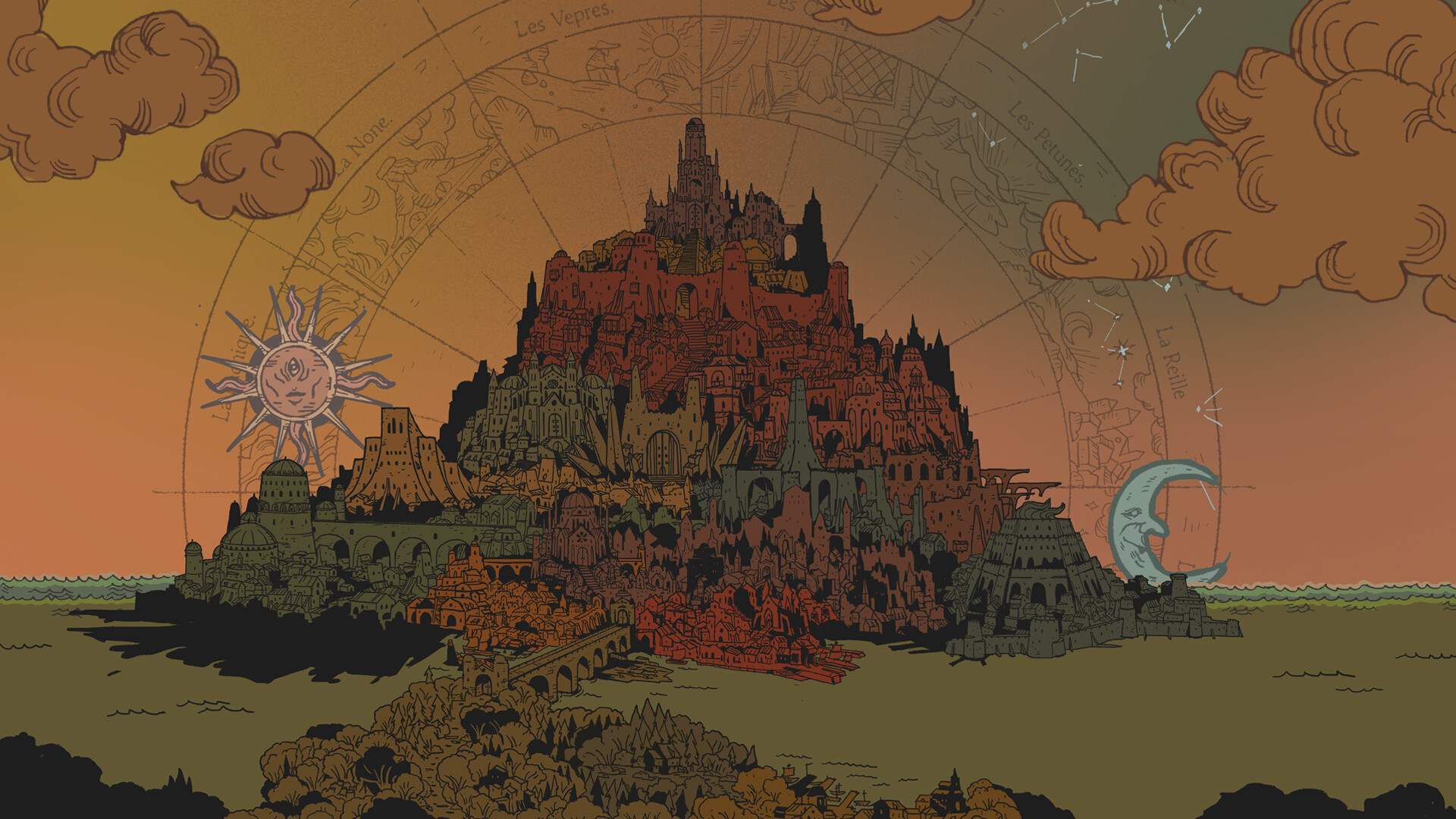 Ilustracja świata Crown Gambit przedstawiająca miasto-twierdzę na szczycie stromego wzgórza otoczonego wodą, utrzymana w stylistyce średniowiecznej mapy astrologicznej. Zabudowania sięgają od podnóża aż po najwyższy punkt skały, tworząc gęstą, wielowarstwową strukturę w odcieniach czerwieni i szarości. Pomarańczowe niebo przecina astronomiczna róża wiatrów z oznaczeniami w języku starofrancuskim. Po lewej stronie widnieje słońce z ludzką twarzą, po prawej – księżyc w nowiu z podobnym motywem antropomorficznym.