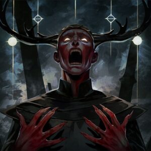 Mroczna grafika koncepcyjna zapowiadająca darmowe DLC do Tainted Grail: The Fall of Avalon. Postać na grafice ma czerwoną twarz oraz dłonie; puste, jarzące się oczy i poroże jelenia wyrastające z czaszki. Stoi w mrocznym otoczeniu, wśród rytualnych symboli, z szeroko otwartymi ustami w niemym krzyku.