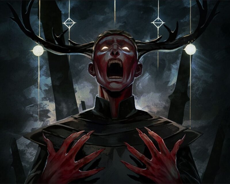 Mroczna grafika koncepcyjna zapowiadająca darmowe DLC do Tainted Grail: The Fall of Avalon. Postać na grafice ma czerwoną twarz oraz dłonie; puste, jarzące się oczy i poroże jelenia wyrastające z czaszki. Stoi w mrocznym otoczeniu, wśród rytualnych symboli, z szeroko otwartymi ustami w niemym krzyku.