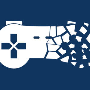 Na obrazku znajduje się kontroler do gier wideo. Jest koloru białego i po prawej stronie jest roztrzaskany na kawałki. Tło grafiki jest granatowe. To logo inicjatywy Stop Killing Games.
