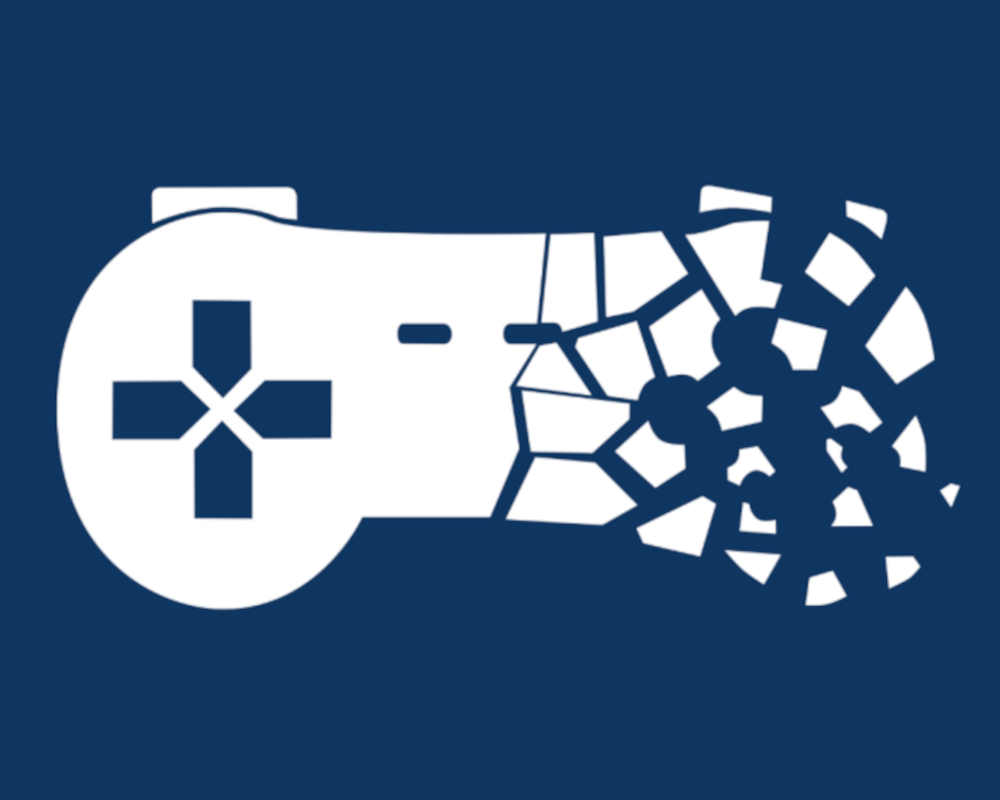 Na obrazku znajduje się kontroler do gier wideo. Jest koloru białego i po prawej stronie jest roztrzaskany na kawałki. Tło grafiki jest granatowe. To logo inicjatywy Stop Killing Games.