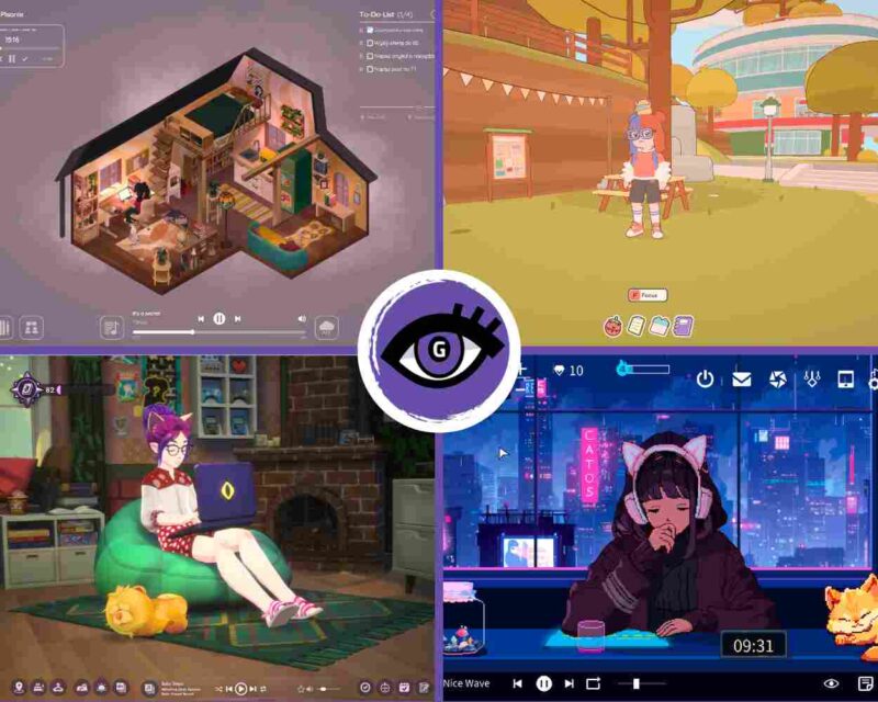 Gry wspierające produktywność. Grafika złożona z czterech ekranów gier wideo o estetyce anime/ilustracyjnej, promujących produktywność. W centrum logo z fioletowym okiem. Lewy górny róg: Izometryczny widok przytulnego pokoju/studia – postać siedzi przy biurku i pracuje na komputerze, otoczona regałami z książkami, roślinami i meblami. Nad grafiką widoczny timer odliczający 15:16 oraz lista zadań To-Do z polskimi wpisami (m.in. „Zaprojektuj karuzelę", „Napisz artykuł o narzędziach"). Prawy górny róg: Animowana postać dziewczynki w okularach stoi na zewnątrz kampusu/parku w jesiennej scenerii. Widoczny przycisk „Focus" – sugeruje tryb skupienia. Lewy dolny róg: Postać z kocimi uszami i okularami siedzi na zielonym pufie, pracując na laptopie przy kominku – klimatyczna, domowa atmosfera z muzyką w tle (widoczny odtwarzacz). Prawy dolny róg: Nocna, cyberpunkowa scena – dziewczyna w bluzie z kapturem i słuchawkami z kocimi uszami siedzi przy stole na tle neonowego miasta. Widoczny timer 09:31 i tekst „Nice Wave" – sesja nauki przy lo-fi muzyce.