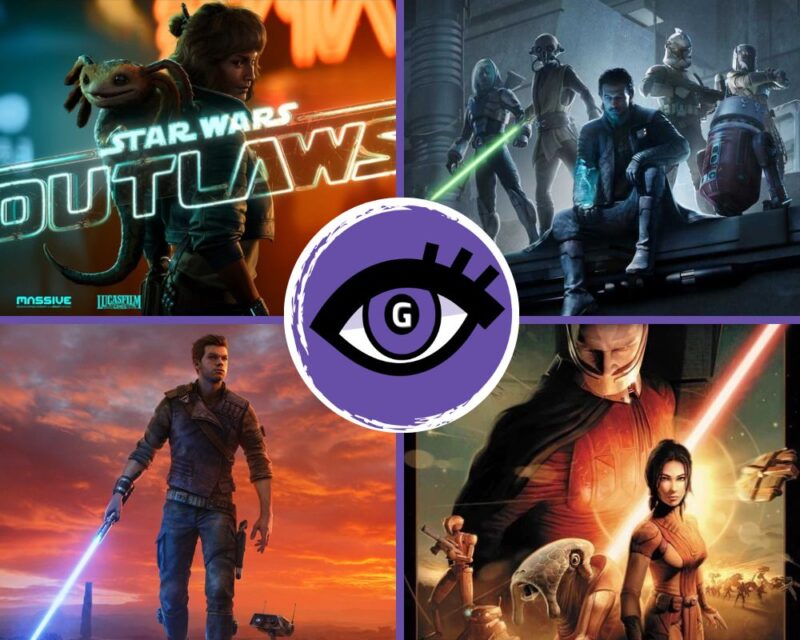 Kolaż czterech grafik związanych z grami ze świata „Star Wars”, z centralnym fioletowym logo przedstawiającym oko. W lewym górnym rogu znajduje się grafika promująca grę „Star Wars Outlaws”, przedstawiająca młodą kobietę i małe kosmiczne stworzenie na ramieniu. W prawym górnym rogu widoczna jest grupa bohaterów science fiction z mieczem świetlnym i robotami w ciemnym, futurystycznym wnętrzu. W lewym dolnym rogu stoi młody mężczyzna trzymający niebieski miecz świetlny na tle pomarańczowego zachodu słońca. W prawym dolnym rogu pokazano ilustrację w stylu klasycznego plakatu „Star Wars” – zamaskowaną postać z czerwonym mieczem świetlnym oraz kobietę stojącą na pierwszym planie w otoczeniu robotów i statków kosmicznych.