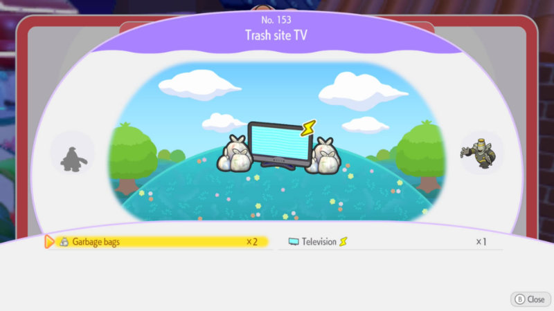 Interfejs z gry Pokopia. Habitat Dex przedstawia sugerowane ułożenie przedmiotów, w tym przypadku telewizora oraz dwóch worków na śmieci. W dolnej części interfejsu widoczna jest dokładna lista przedmiotów wymaganych do stworzenia habitatu.
