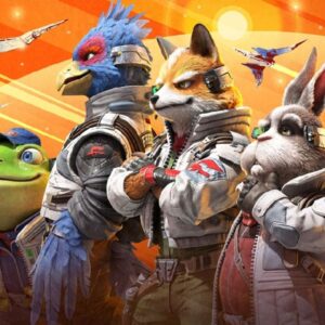 Grafika promująca remake Star Fox na Nintendo Switch 2. Na pierwszym planie stoją bohaterowie drużyny Star Fox w futurystycznych kombinezonach pilotów: Fox McCloud — lis o pomarańczowym futrze i zielonych oczach, Falco Lombardi — niebieski ptak z czerwonymi akcentami wokół oczu, Peppy Hare — siwy królik z długimi uszami oraz Slippy Toad — zielona żaba w czapce mechanika. W tle lecą statki kosmiczne Arwing na tle pomarańczowego nieba i zachodzącego słońca.