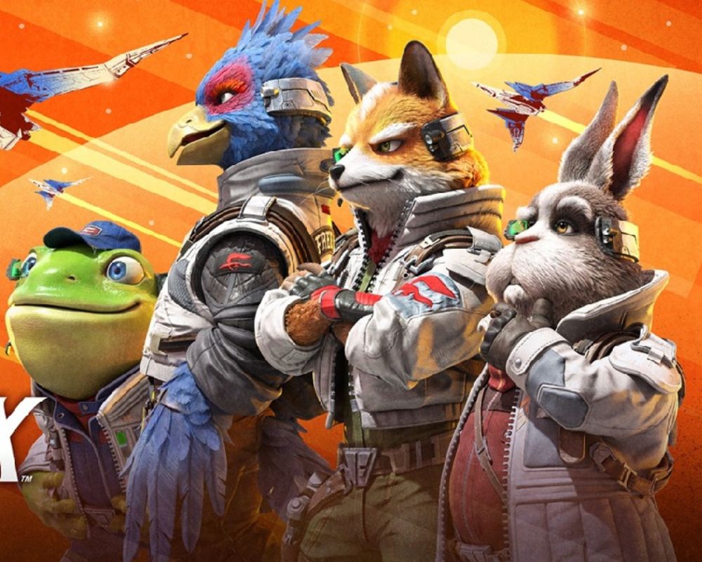Grafika promująca remake Star Fox na Nintendo Switch 2. Na pierwszym planie stoją bohaterowie drużyny Star Fox w futurystycznych kombinezonach pilotów: Fox McCloud — lis o pomarańczowym futrze i zielonych oczach, Falco Lombardi — niebieski ptak z czerwonymi akcentami wokół oczu, Peppy Hare — siwy królik z długimi uszami oraz Slippy Toad — zielona żaba w czapce mechanika. W tle lecą statki kosmiczne Arwing na tle pomarańczowego nieba i zachodzącego słońca.