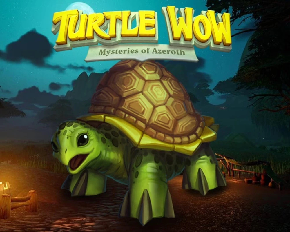 Oficjalna grafika Turtle WoW zamkniętego po 8 latach — uśmiechnięty żółw w stylu World of Warcraft na tle nocnego lasu z księżycem, nad nim logo projektu Turtle WoW: Mysteries of Azeroth.