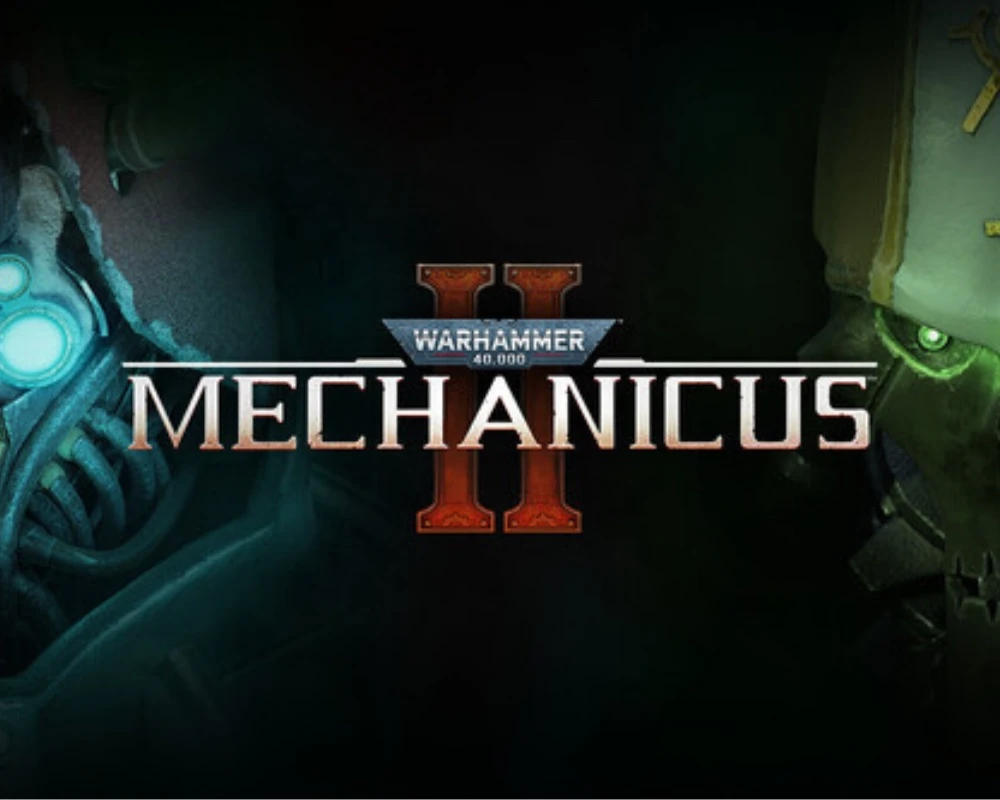 Oficjalna grafika Warhammer 40000 Mechanicus 2 — po lewej cybernetyczna twarz przedstawiciela Adeptus Mechanicus z niebieskim okiem, po prawej świecąca zielona czaszka Nekrona na czarnym tle.