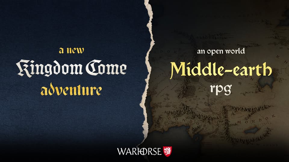 Grafika zapowiadająca gry od Warhorse Studios, przedzielona pionowo efektem podartego papieru. Po lewej stronie, na ciemnoniebieskim tle z teksturą materiału, widnieje stylizowany napis: „a new Kingdom Come adventure”. Po prawej stronie, na tle pergaminowej mapy Śródziemia (widoczne m.in. napisy Rohan, Gondor, Mordor), umieszczono napis: „an open world Middle-earth rpg”. Na dole, na czarnym pasku łączącym obie części, znajduje się logo Warhorse Studios – biały napis i mała czerwona tarcza z łbem konia.