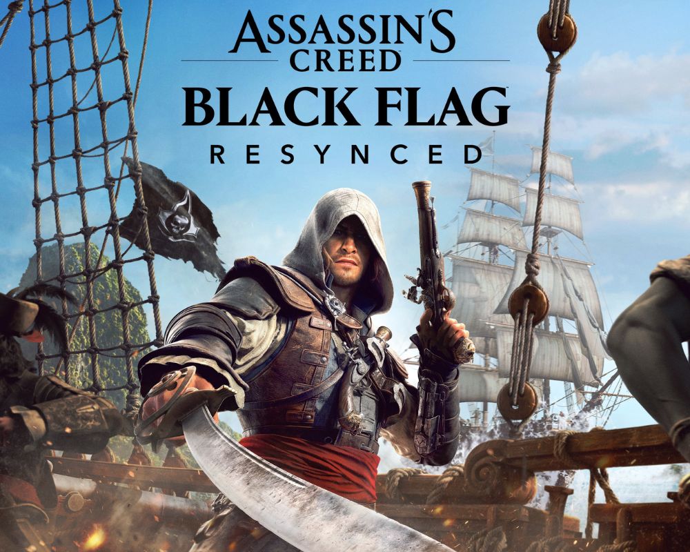Grafika promocyjna Assassin's Creed Black Flag Resynced. Przedstawia Edwarda Kenwaya na pokładzie pirackiego statku. Bohater trzyma pistolet i szablę, a w tle widoczny jest żaglowiec oraz logo gry Assassin's Creed Black Flag Resynced.