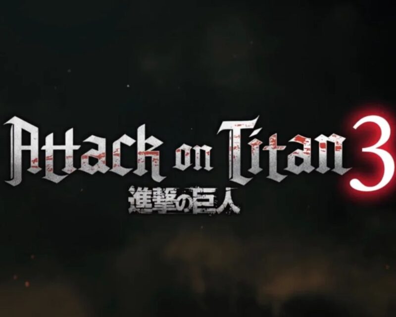 Logo Attack on Titan 3 z japońskim napisem Shingeki no Kyojin na ciemnym tle i czerwonym numerem 3 po prawej stronie.