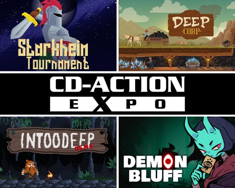 Kolaż promujący gry indie lub wydarzenie związane z grami. W centrum znajduje się duży napis „CD-ACTION EXPO” na czarnym tle, sugerujący nazwę targów, konkursu albo prezentacji gier. Wokół niego umieszczono grafiki czterech gier: Górny lewy róg – „Starkheim Tournament”: pixelartowa grafika przedstawiająca rycerza w srebrnej zbroi z czerwonym pióropuszem i mieczem na tle kosmosu lub nocnego nieba. Górny prawy róg – „Deep Corp.”: stylizowana ilustracja kopalni. Widać wóz ciągnięty przez konia, górnika oraz podziemne tunele z kryształami i wagonikami. Dolny lewy róg – „Into Deep Demo”: pixelartowa scena w lesie lub jaskini. Obok drewnianego szyldu stoi brodaty bohater przy ognisku. Dolny prawy róg – „Demon Bluff”: rysunkowa postać przypominająca demona z rogami trzyma kartę do gry. Dominują ciemnozielone i fioletowe kolory, co nadaje ilustracji tajemniczy klimat.