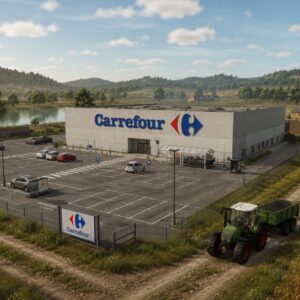 Duży supermarket Carrefour stoi pośrodku wiejskiego krajobrazu przypominającego świat gry rolniczej. Przed nowoczesnym budynkiem znajduje się rozległy parking z zaparkowanymi samochodami, wiatą na wózki oraz oznakowanymi miejscami postojowymi. W prawym dolnym rogu widoczny jest zielony ciągnik z przyczepą jadący polną drogą wzdłuż ogrodzenia marketu. W tle rozciągają się pola uprawne, jezioro, pojedyncze gospodarstwa i łagodne, zalesione wzgórza pod błękitnym niebem z niewielkimi chmurami. Obraz łączy elementy handlu detalicznego z sielskim, rolniczym otoczeniem charakterystycznym dla gier z serii Farming Simulator.